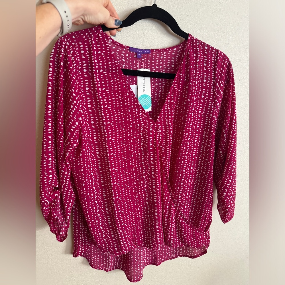 Surplice roll tab high low blouse 3/4 sleeves